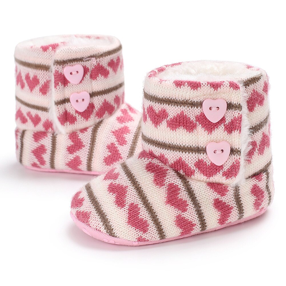 Recién Nacido bebé niño niña Botas Invierno lindo zapatos de pelo en forma de corazón botón Anti-slip suave, de punto zapatillas 0-18M: Rosa / 0-6 meses