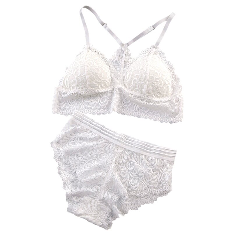 Sexy Lace Bra Sets Lady Women Seamless Embroidery Bralette Wireless Breathable Underwear Lingerie Set: White