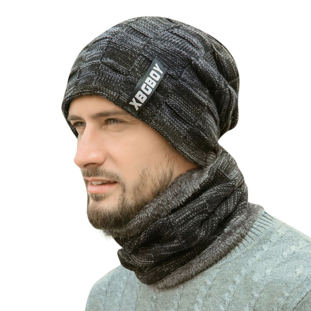 2Pcs Cap and Scraf Male Oversize Warm Hats Scarfs Accessories Causal Unisex Winter Scarf Hat man Warm Scarf And Hats: Black