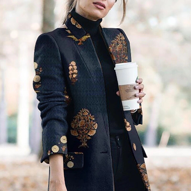 Vrouwen Herfst Winter Gedrukt Office Blazer Jas Vrouwelijke Vintage Turn-Down Kraag Jassen Dames Elegante Lange Pak Jassen