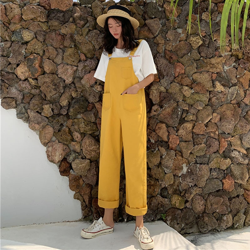 Plus size koreansk stor ficka lösa overaller streetwear femme hängslen dam hängslen svart gul jumpsuit med vida ben kvinnor  kz135: Gula byxor / M