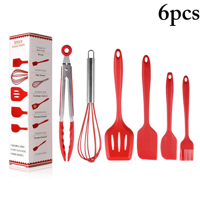 6 unids/set juego de utensilios de cocina resistente al calor de silicona de grado de alimentos utensilio de cocina utensilio para hornear accesorios de utensilios para cocina: Red