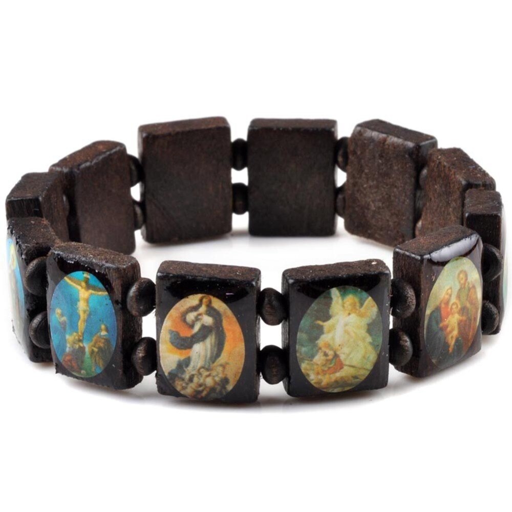 Imixlot Jesus Wooden Saints Rosary Religious Bracelet Angel Bangle Catholic Icon Blessing Jewelry Pulseras Masculina