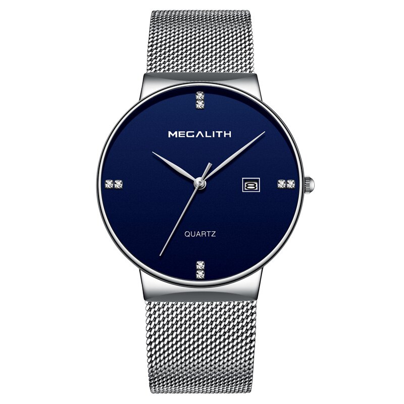 MEGALITH relojes para hombre, reloj de pulsera resistente al agua de lujo, reloj de cuarzo ultrafino para hombre, reloj deportivo Erkek Kol Saati: sliver blue-3
