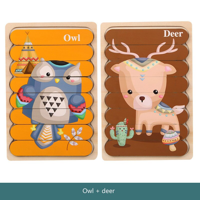 Children Cartoon Puzzle Baby Wooden Double-sided Jigsaw 3D Storytelling Stacking Puzzle Kid Educational Learning Toys: M