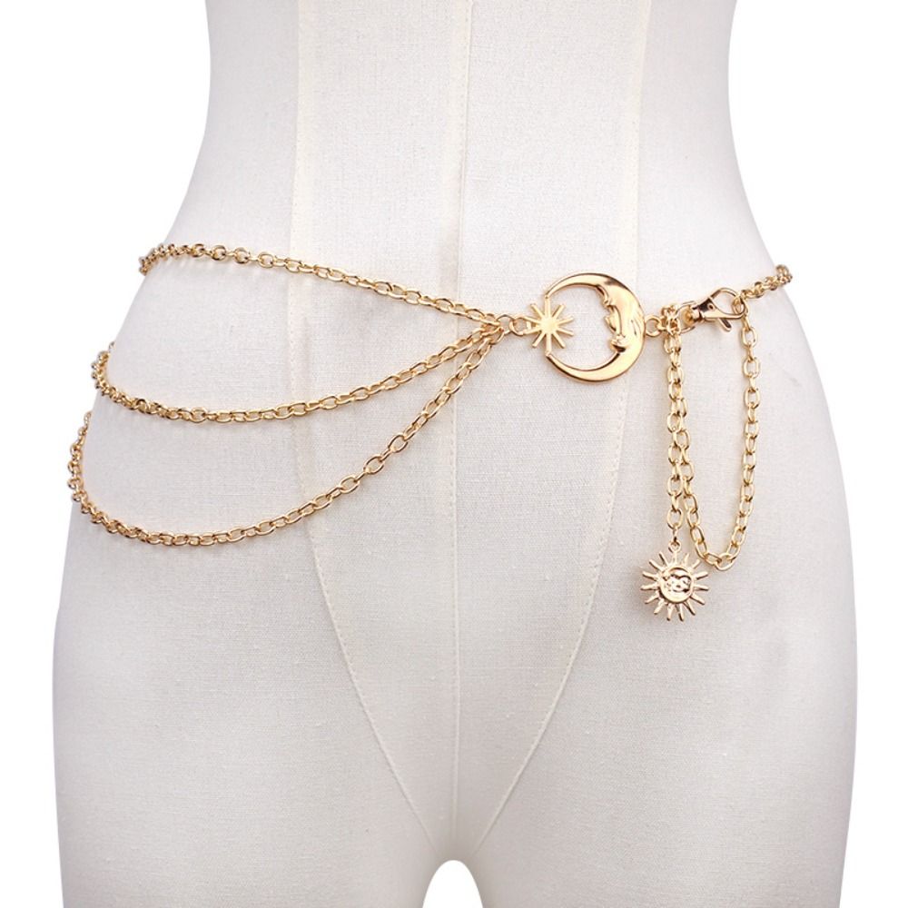 Cadena de cintura Y2K para mujer, accesorios para el cuerpo con borlas de perlas multicapa, cinturón para: Color oro puro