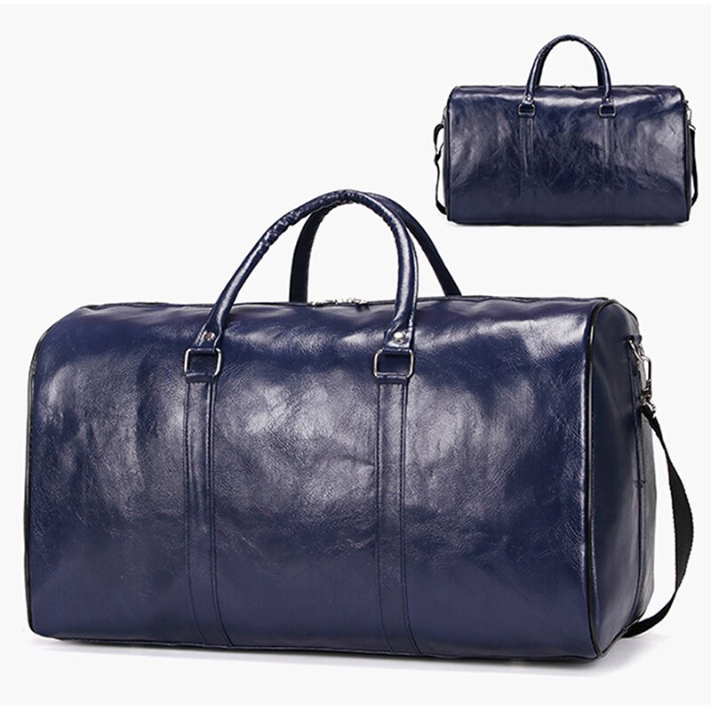 Læder rejsetaske stor duffel uafhængig stor fitness tasker håndtaske bagage skuldertaske sort mænd lynlås pu: Blå