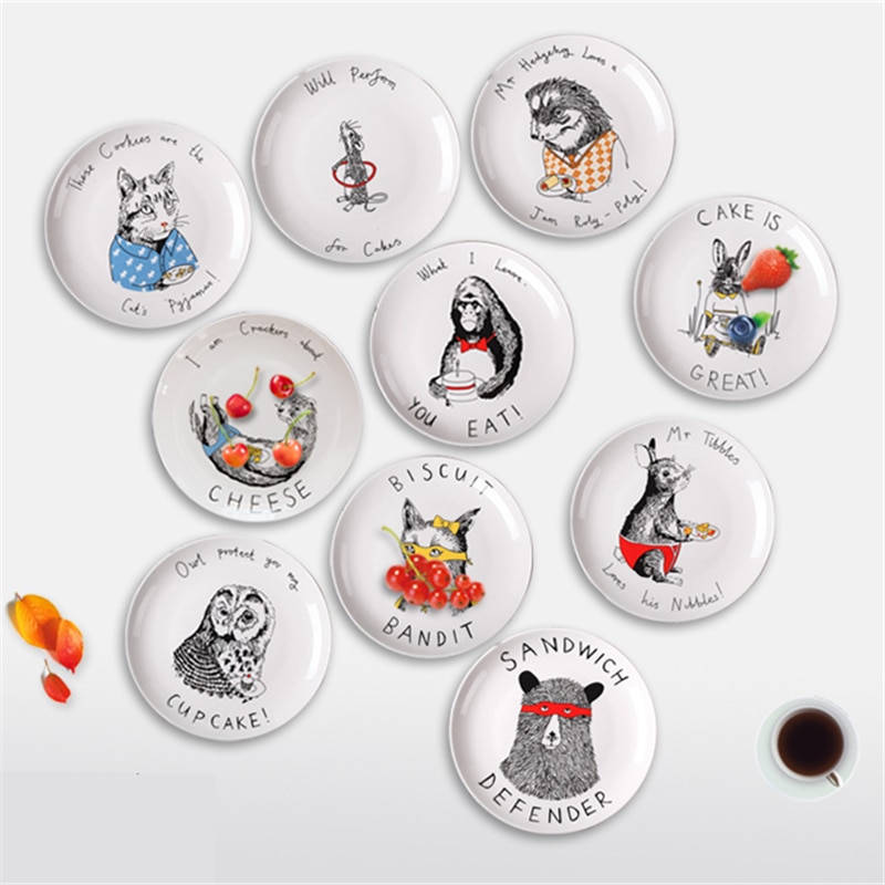 Cartoon animals Ceramic Dinner Plates White Porcelain Tray Dishes For Restaurant Serving Steak Dessert Food Plate For Party