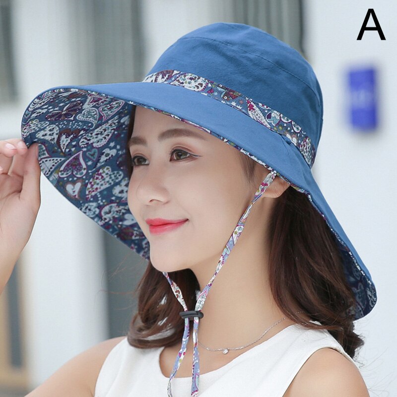 Female Flower Print Double-sided Cotton Linen Sun Hat Women Big Wide Brim Anti-UV Foldable Beach Hats Lady's Bucket Hat: Navy Blue