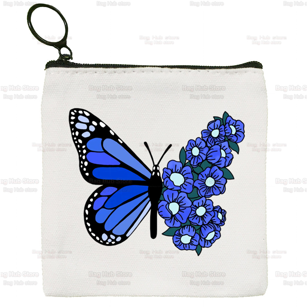 Blue Butterfly Color Flying Flower Cartoon Coin Purse Female Mini Canvas Art Cute Key Case Coin Purse Student Wallet