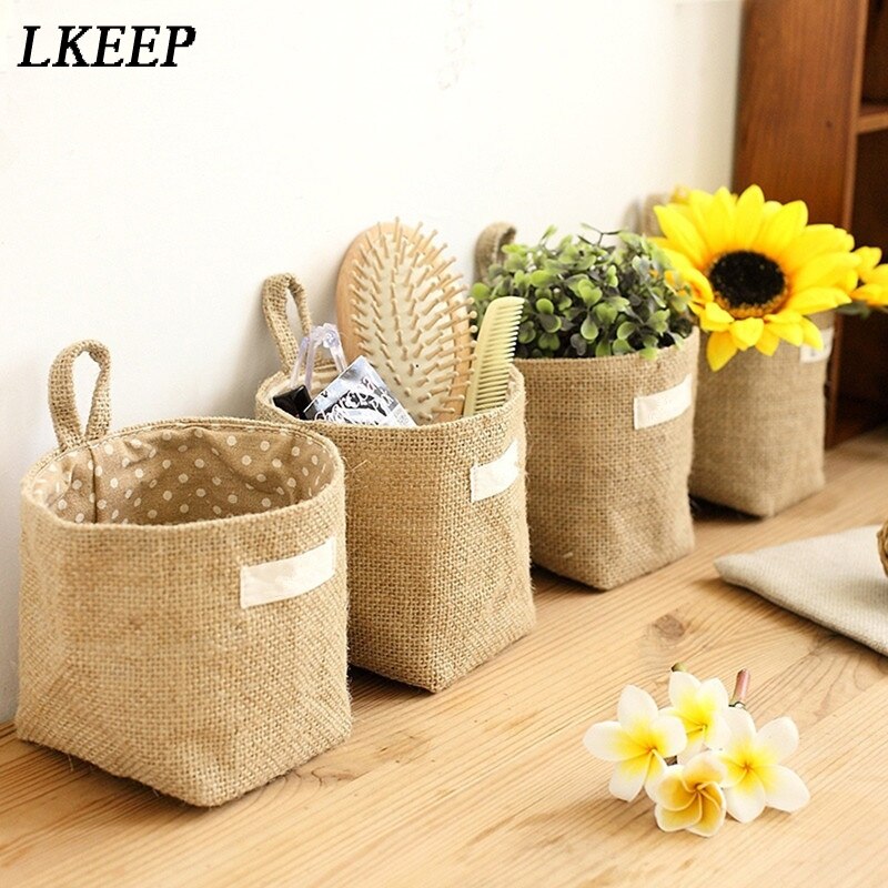 Retro Large Capacity Women Cosmetic Box Jute Cotton Linen Sundries Basket Cosmetic Cases Wall Hanging Make up Storage Bags Women