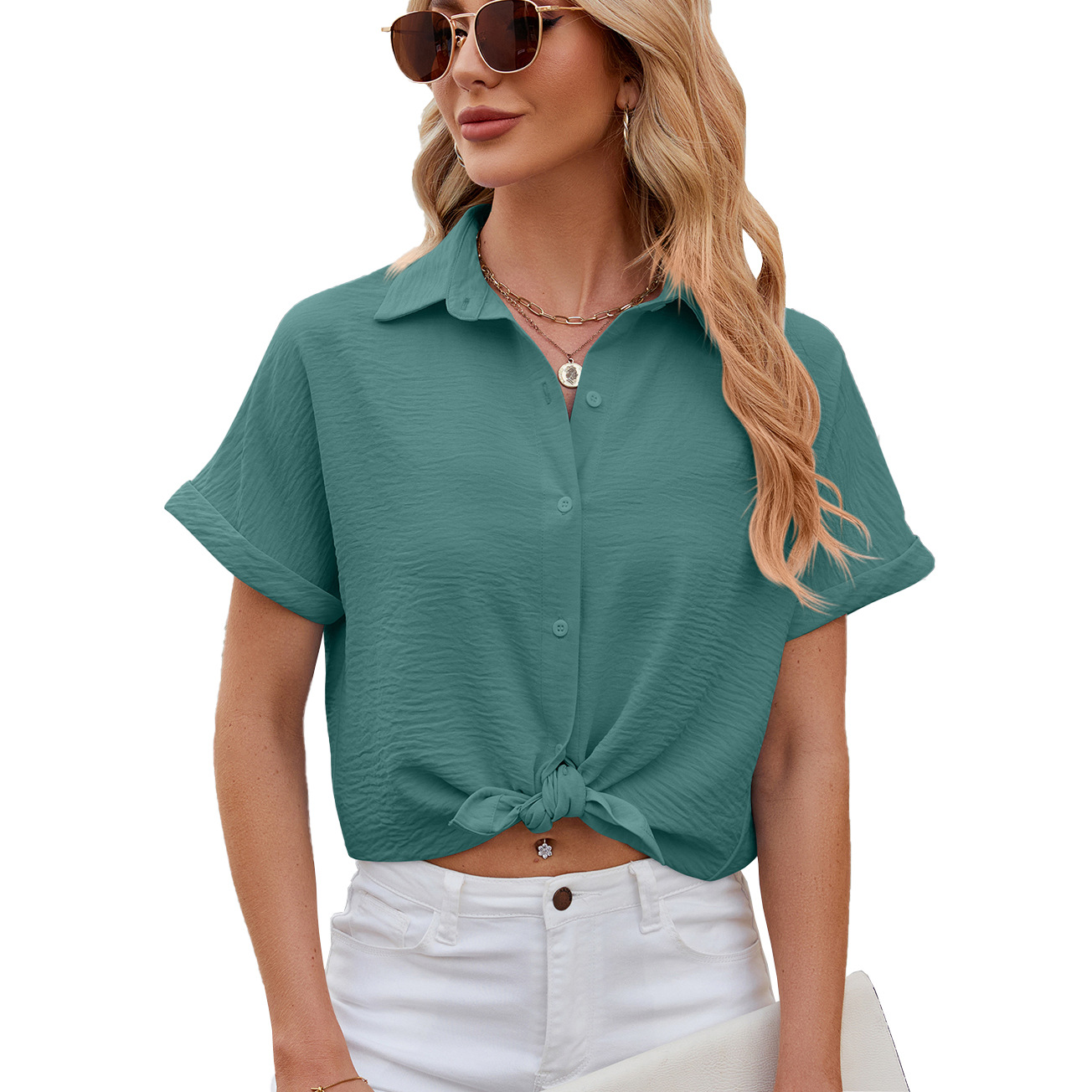 
Summer Women camisas Casual Office Loose Shirt Short Sleeve Lapel Button Down Shirt Solid Color camisas de mujer﻿: S / dark green