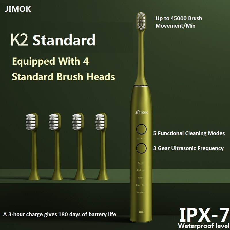 Jimok sônica escova de dentes elétrica, escova de dentes ultra sônica, recarregável, limpador de dentes elétrico adulto (k2): K2-4-Forest Green