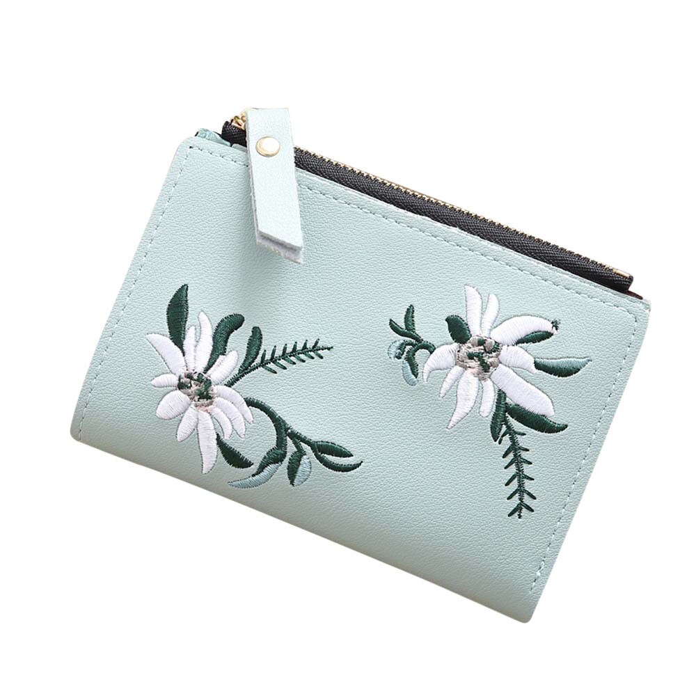 Porte-monnaie brodé en cuir PU pour femmes, porte-cartes à fermeture éclair, court, à loquet Floral, # L10: green