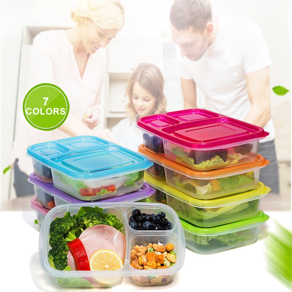 1Pcs Plastic Reusable Bento Box Meal Storage Food Prep Lunch Box 3 Compartment Reusable Microwavable Containers Home Lunchbox