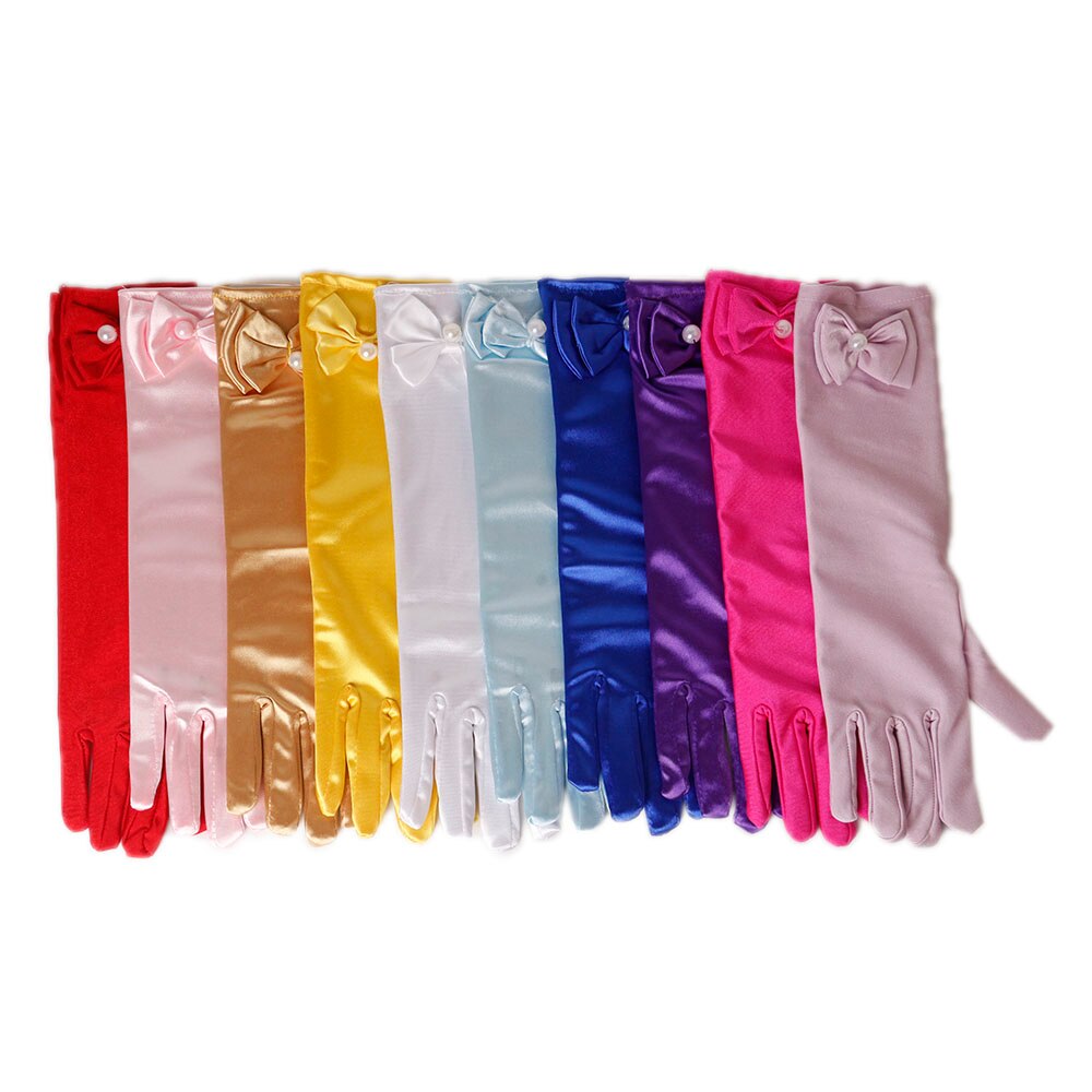 Gants de fête 11 couleurs | Gants longs de princesse pour enfants filles, gants en Satin avec nœud perlé, gants d'anniversaire