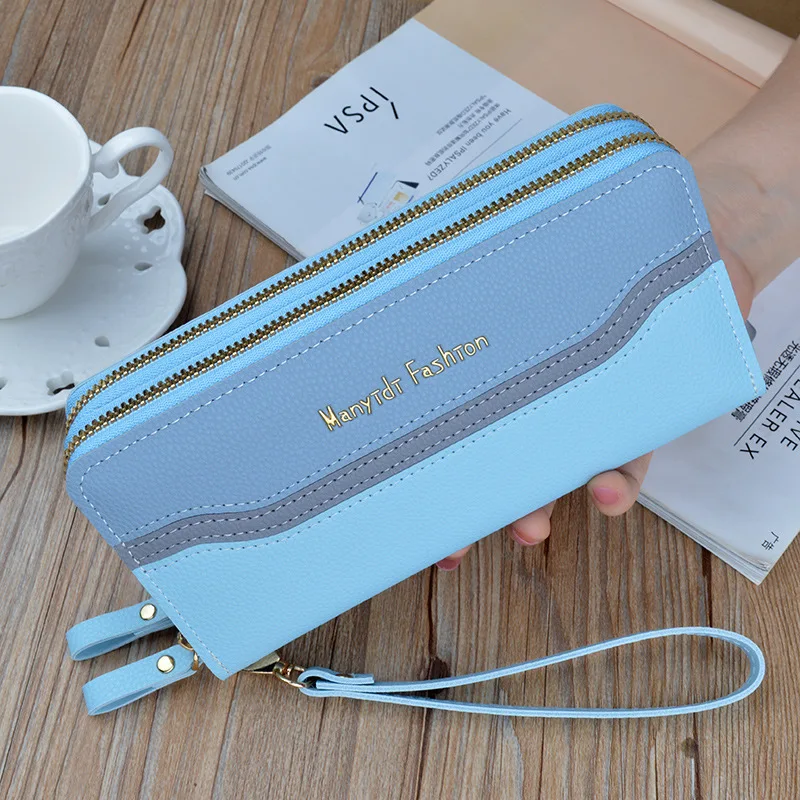 Wallet Ladies Long Double Zipper Large Capacity Clutch Splicing Contrast Color Mobile Phone Bag Wallets for Women: Blue