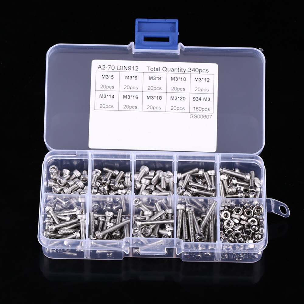 340pcs M3 Stainless Steel SS304 Hex Socket Cap Head Screws and Nuts Assortment Kit