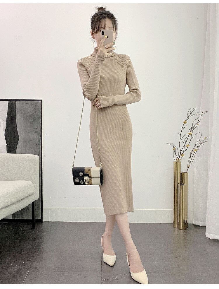 Coltrui Volledige Mouw Gebreide Jurk Vrouwelijke Winter Fall Vestidos Casual Dikke Gedraaide Vrouwen Lange Trui Jurken Beige