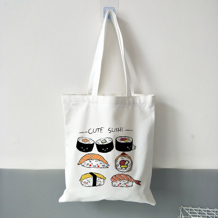 Kawaii sushi sæt tote tasker harajuku pige skuldertaske damer lærred indkøbspose kvindelig øko håndtaske foldbar tote stor kapacitet: 3