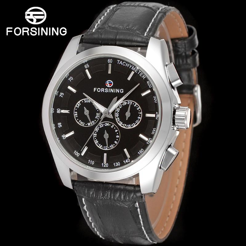 Mode Forsining Top Mannen Automatische Mechanische Horloge Mannen Goud Casual Horloges Lederen Kalender 24 Uur Klok: Silver-Black