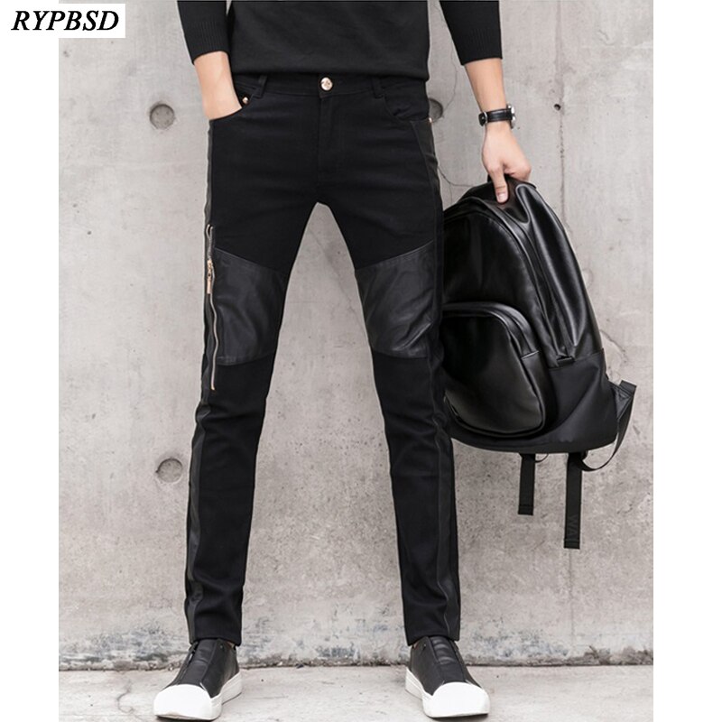 Pu læderbukser mænd imiteret læderbukser skinny koreansk lynlås patchwork bukser sorte blyantbukser mænd