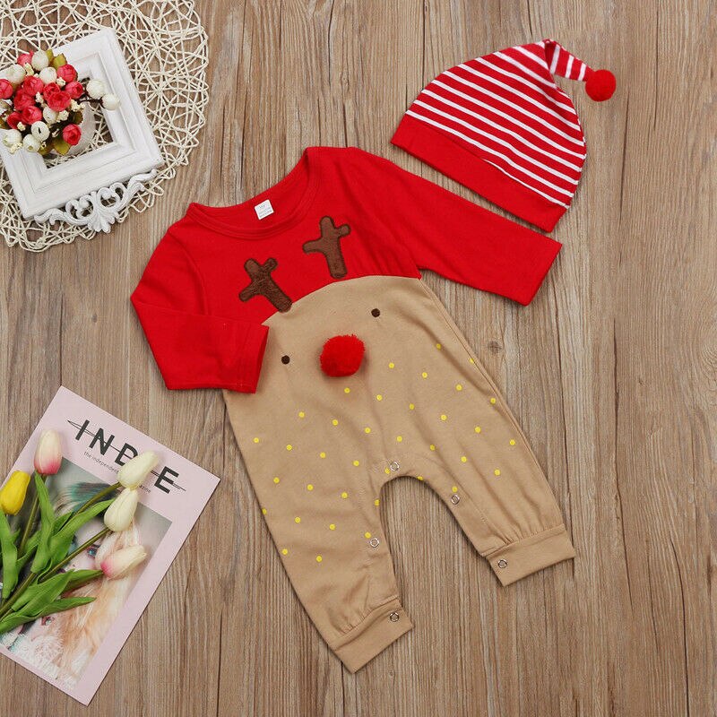 Pudcoco 2 Stuks Pasgeboren Baby Jongens Meisje Kerst Rompertjes Lange Mouwen Herten Romper Jumpsuit Hoed Nachtkleding Party Kostuum Babykleertjes