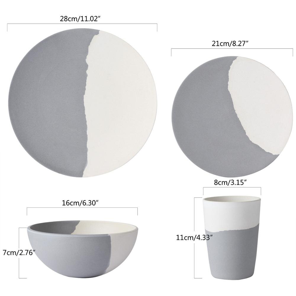 Lekoch Bamboo Fiber 4Pcs for 1 person Tableware Set gray and white Plate Bamboo Fiber dinnerware Plate Bowl Cup Set for Party