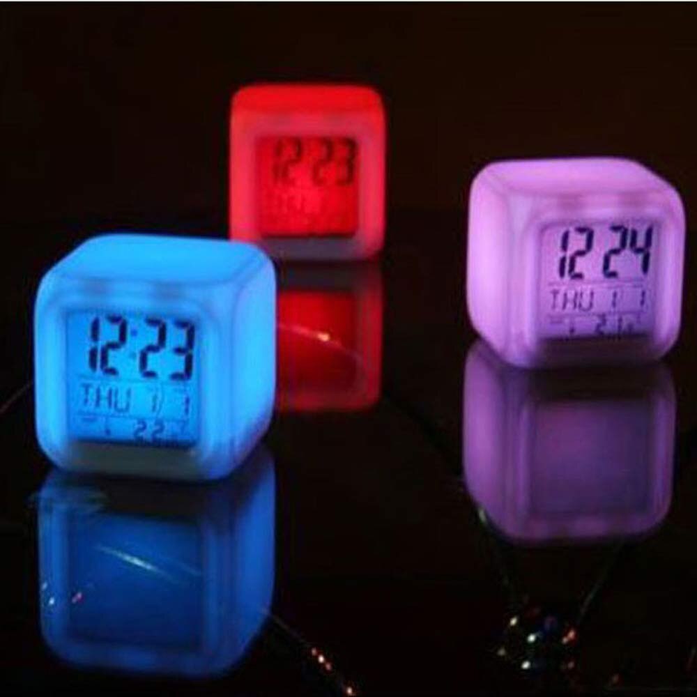 LED Alarm Colock 7 Colors Changing Digital Desk Gadget Digital Alarm Thermometer Night Glowing Cube led Clock Home: Default Title