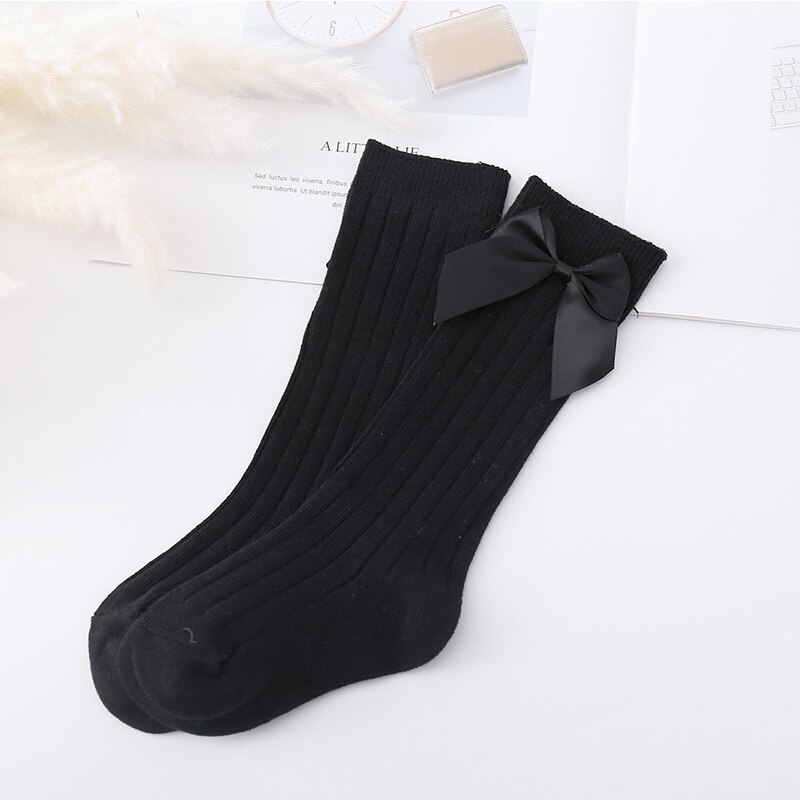 Bowknot bebê meias de algodão macio crianças do bebê da menina do joelho meias altas cor sólida princesa primavera outono crianças da criança meias longas: black