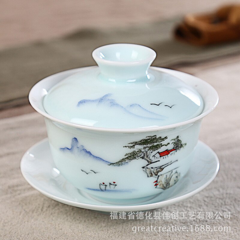 Cuenco De cobertura grande De porcelana Longquan Qing pintado a mano, cuenco De cobertura De tres solo cuenco, juego De té Kung Fu, ópera De cerámica Gaiwan: 4