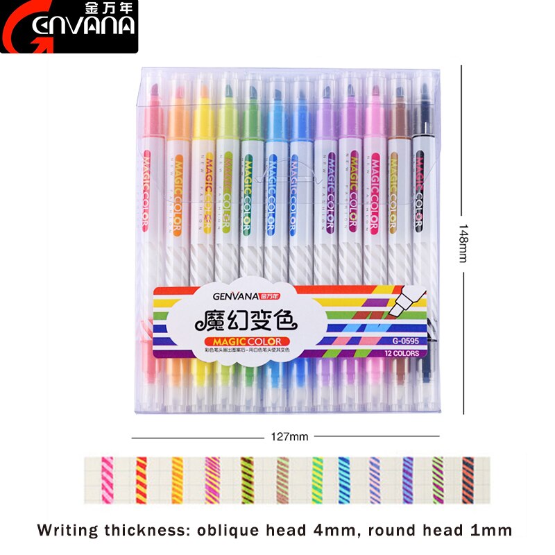 Genvana Art Magic Kleur Veranderende Marker Pen 12 Kleuren Meisjes Hand Geschilderd Note Verkleuring Pen Tweekoppige Markeerstift g-0595: Default Title