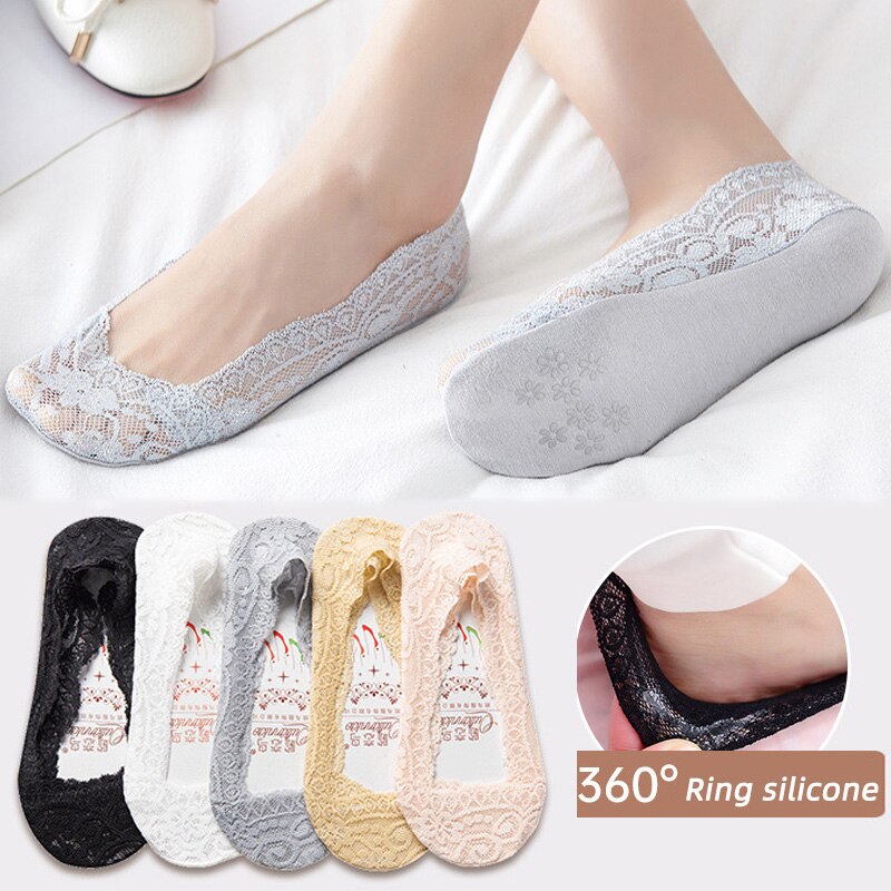 5 Pairs Vrouwen Kant Onzichtbare Sokken Siliconen Antislip Katoen Mode Sokjes Slippers Vrouwelijke Zomer Dunne No Show boot Sokken