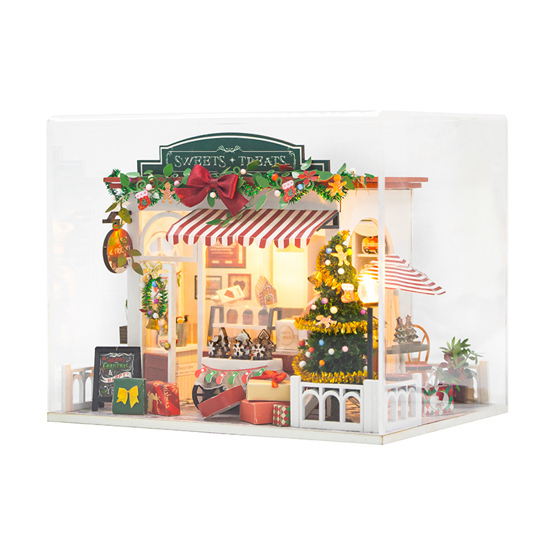 Diy Houten Poppenhuizen Kerst Dessert Winkel Casa Miniatuur Model Kit Villa Poppenhuis Met Meubels Led Licht Voor Vrienden Cadeau: Zilver