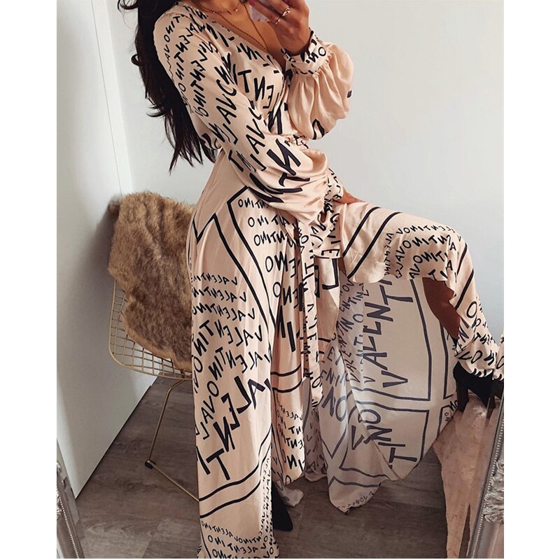 Women Spring Summer Autumn Dress Letter Print Boho V-neck Long Dress Slit Maxi Dress Beach Robe Femme Casual Loose Dresses