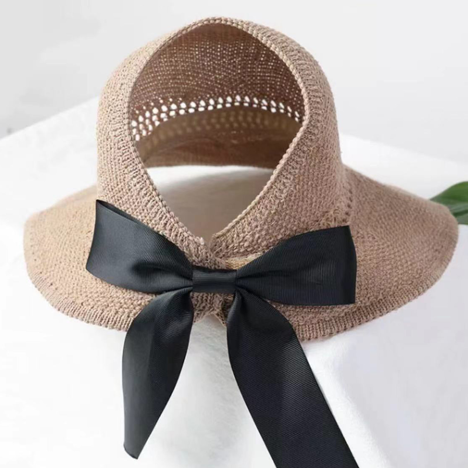 Foldable Women Wide Brim Straw Hat Breathable French Style Sun Hats with Bowknot for Outdoor Travel Photography