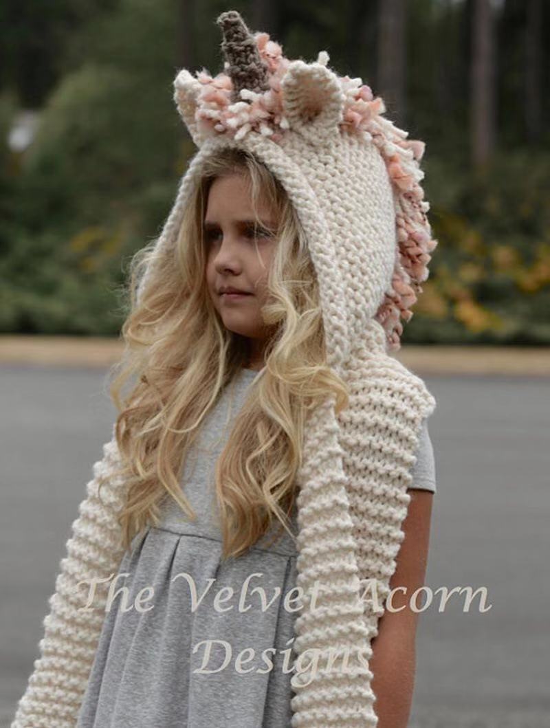 Los niños sombrero de unicornio de lana capa a crochet sombrero lindo para los niños del bebé hecho a mano bufanda de dibujos animados sombrero de otoño e invierno para las mujeres