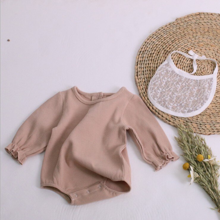 Herfst Babys Jongens Meisjes Bodysuit Met Bib Lange Mouwen Katoen Wafel Baby Jumpsuit Kleding Outfits 6-24 Maand: light brown / 6m