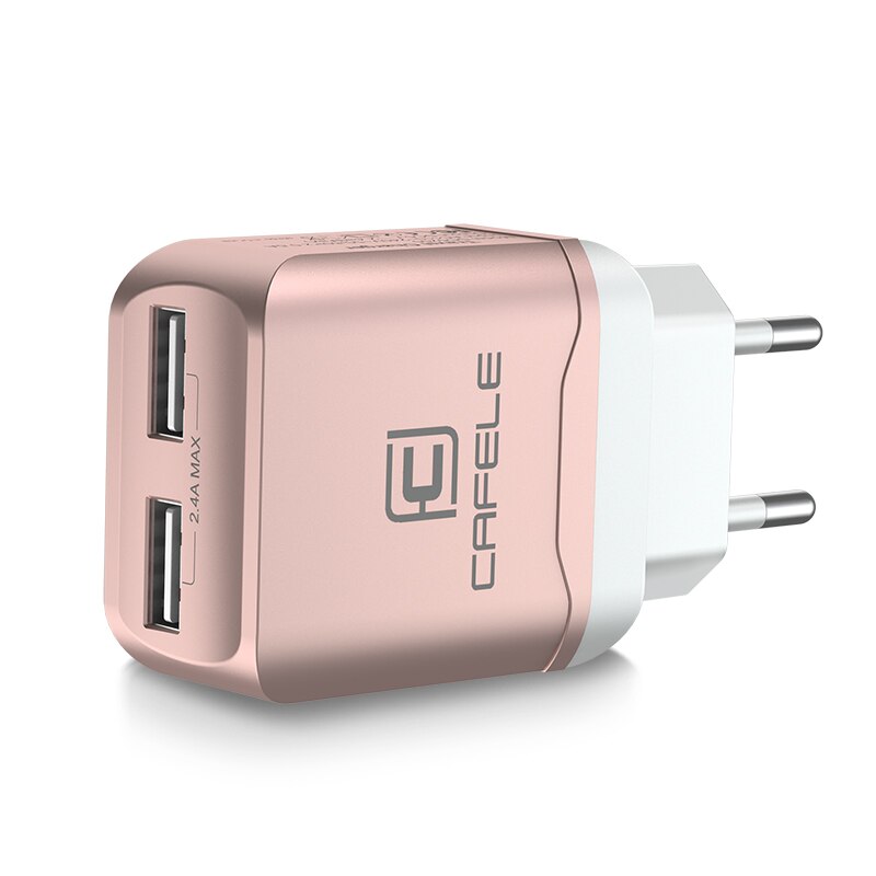 CAFELE EU Charger Plug Travel USB 2.4A Dual output Universal Adapter Charger Smart Phone Charger with 2 in 1 Retractable cable: rose gold
