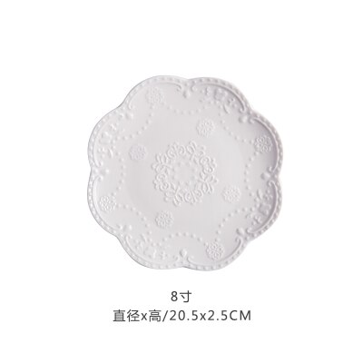 Assiette à fruits en relief chinoise, assiettes à salade, plateau en céramique, disque à Steak rose, gâteau, plat, accessoires de cuisine pour la maison, 6, 8, 10 pouces: White 8 inches