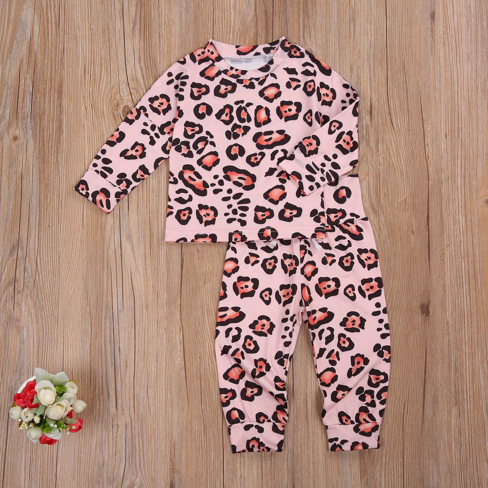 Ma & baby 0-24m efterår forår nyfødte baby baby piger drenge pyjamasæt leopard langærmet nattøj blød søvn sæt