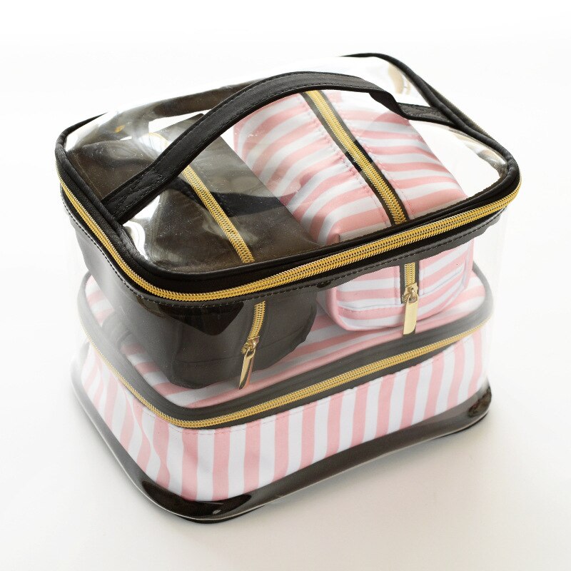 Gennemsigtig pvc kosmetik taske rejse toilettaske firedelt bærbar multifunktions sæt pink makeup organizer taske kosmetiker: 3