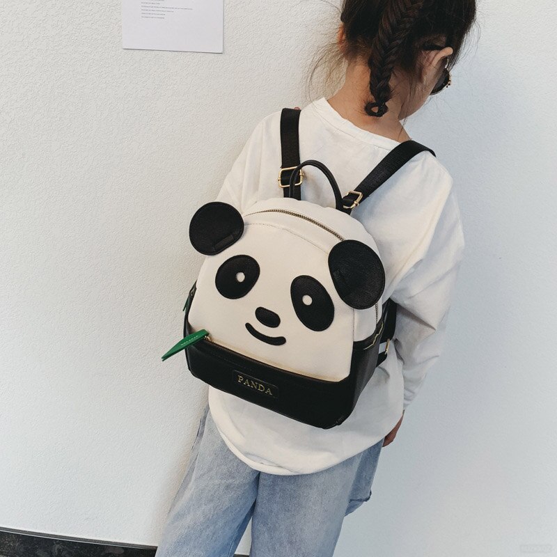 Tegneserie søde panda rygsæk børns skoletasker grundskole pu læder lille rygsæk til piger dejlige dagtasker: Sort lille