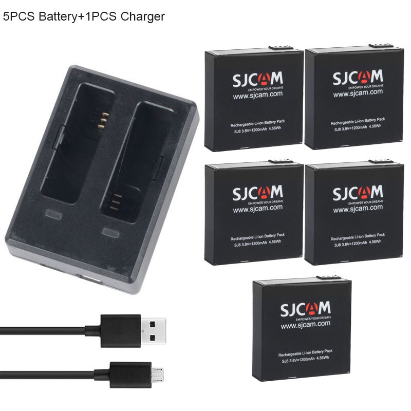Original SJCAM SJ8 PRO batterie 1200mAh Rechargeable Li-ion batterie double chargeur pour SJ8 Plus SJ8 AIR Action caméra accessoires: 1Charger 5Battery