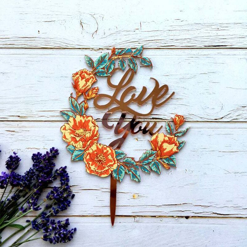 Love You Acrylic Wedding Cake Topper Rose Gold Letter Flower Anniversary Cake Flags for Valentine's Day Cake Decoration Supplies
