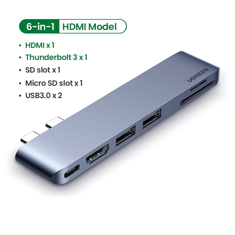 Ugreen usb c hub til macbook pro air usb type c hdmi hub til macbook pro air adapter thunderbolt 3 dock usb  c 3.1 usb hub: 6- i -1 hdmi sd tf