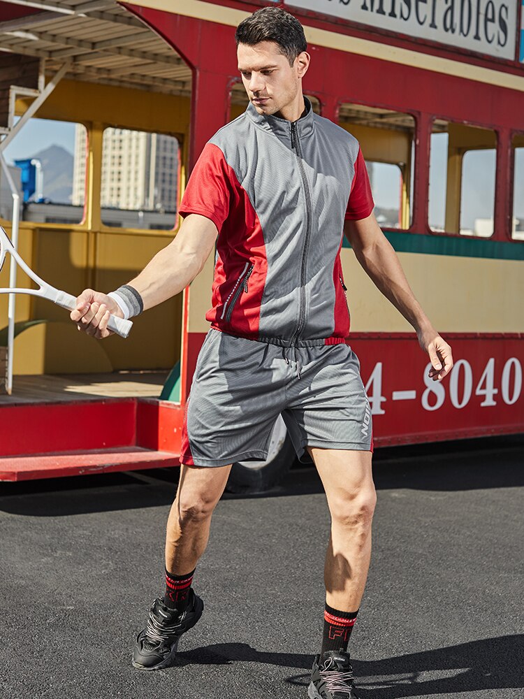 Conjunto de chándal de retazos para hombre, traje deportivo informal de verano de manga corta con cremallera, ropa deportiva y pantalones cortos de entrenamiento para gimnasio, 2 piezas,