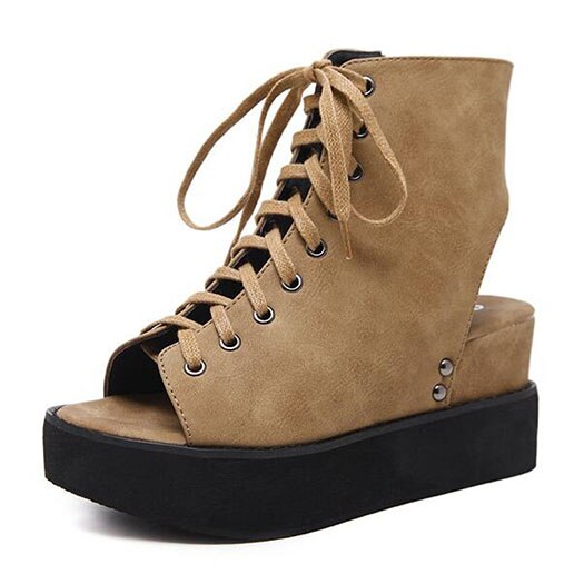 Støvler sko støvletter snøre harajuku kvinder wedge platform sandaler damer peep toe pumps brun sommer slingback høje hæle: Brun / 35