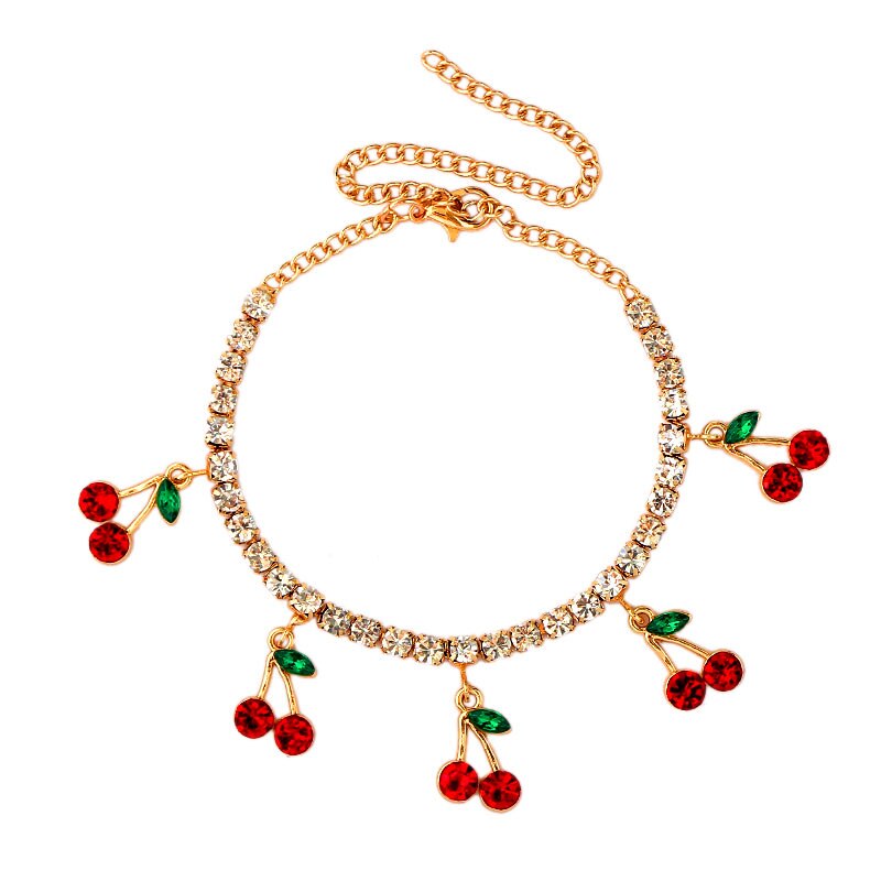 Flatfoosie Trendy Sweet Cherry Crystal Anklet for Women Gold Silver Color Bling Rhinestone Anklet Boho Summer Foot Jewelry: 001801GD