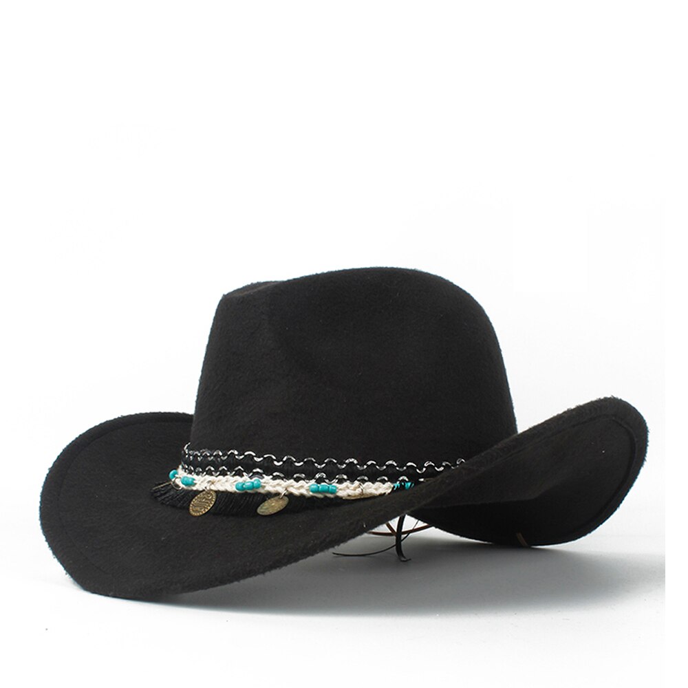Kvinder western cowboy hat lady fascinator outblack cowgirl sombrero hombre jazz cap: Sort